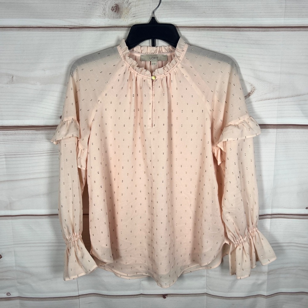 LOFT Top Womens XS Orange Ruffle Blouse Gold Print Keyhole Neck Woven Pullover